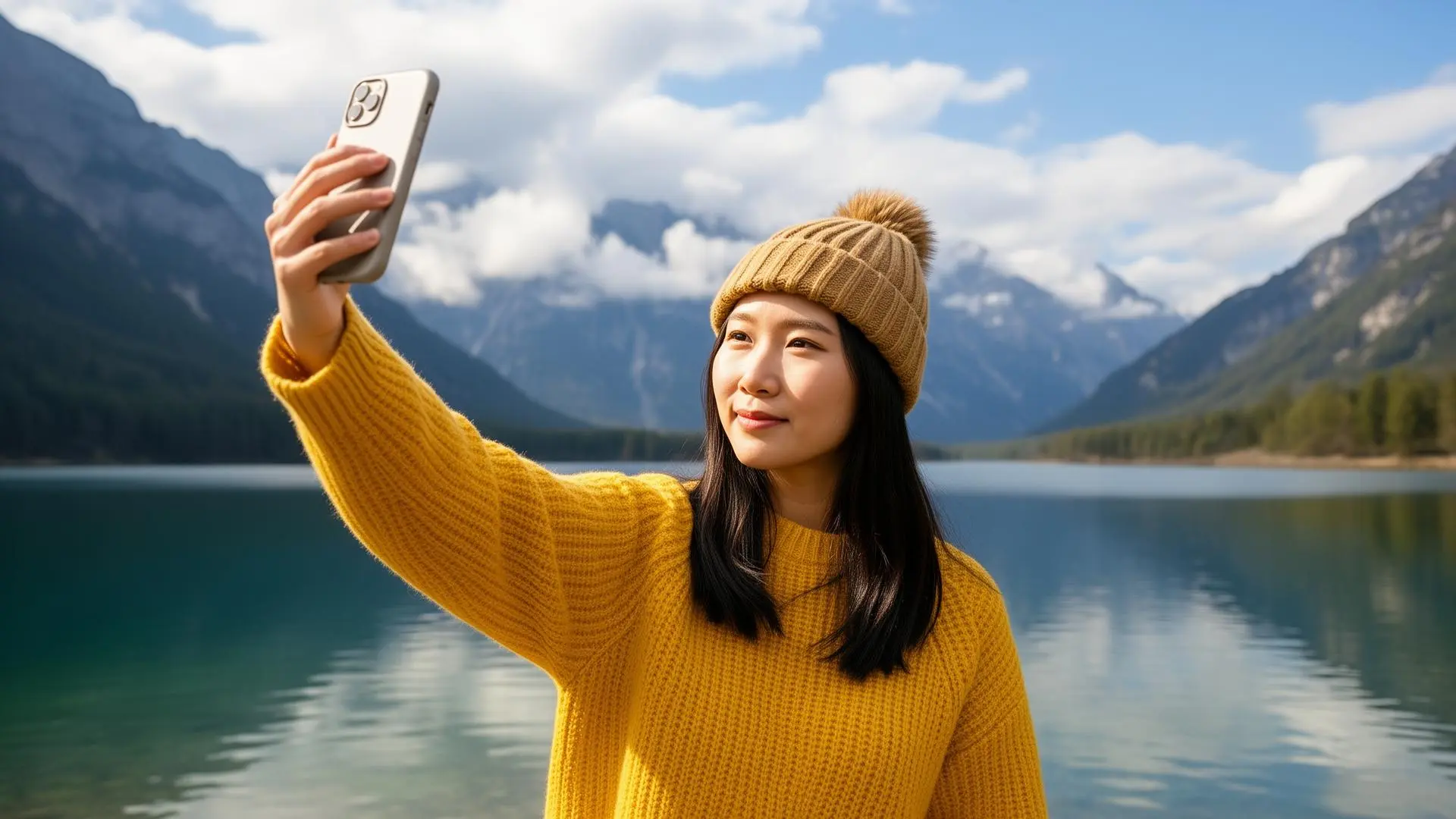 Du khách chụp ảnh selfie bên hồ núi